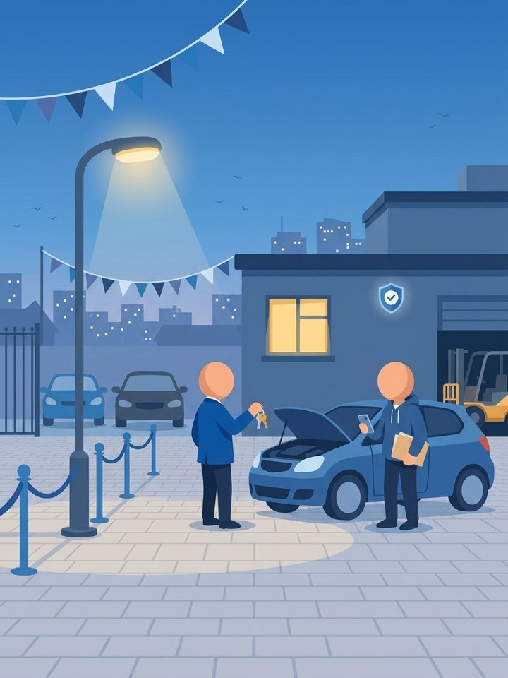 A faceless salesperson handing car keys to a faceless buyer beside a blue hatchback on a quiet used-car forecourt, with a protection shield icon above