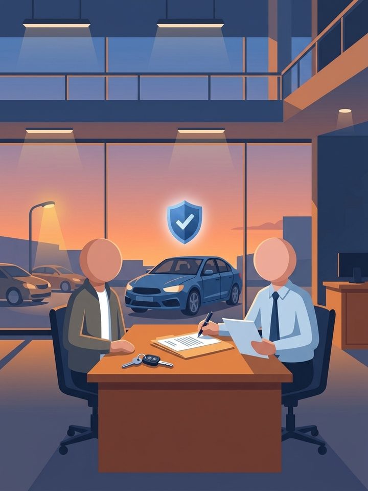 A customer and a salesperson at a desk with a folder of papers, a pen and car keys, with a blue car and a shield with a tick behind them
