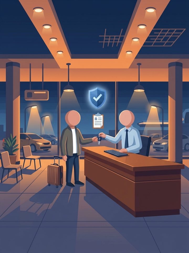 A person taking car keys from a rental agent at a hire desk, with a suitcase, a clipboard and a shield with a tick