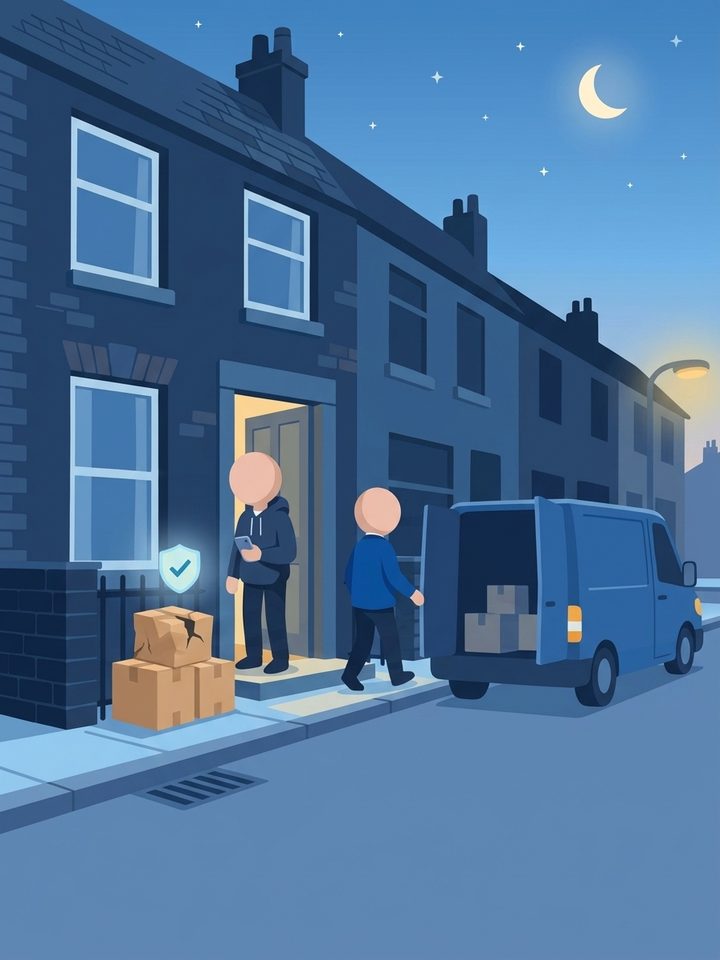 A faceless customer at their front door looking at a damaged parcel on the doorstep while a faceless delivery driver walks back to a plain blue van, with a protection shield icon