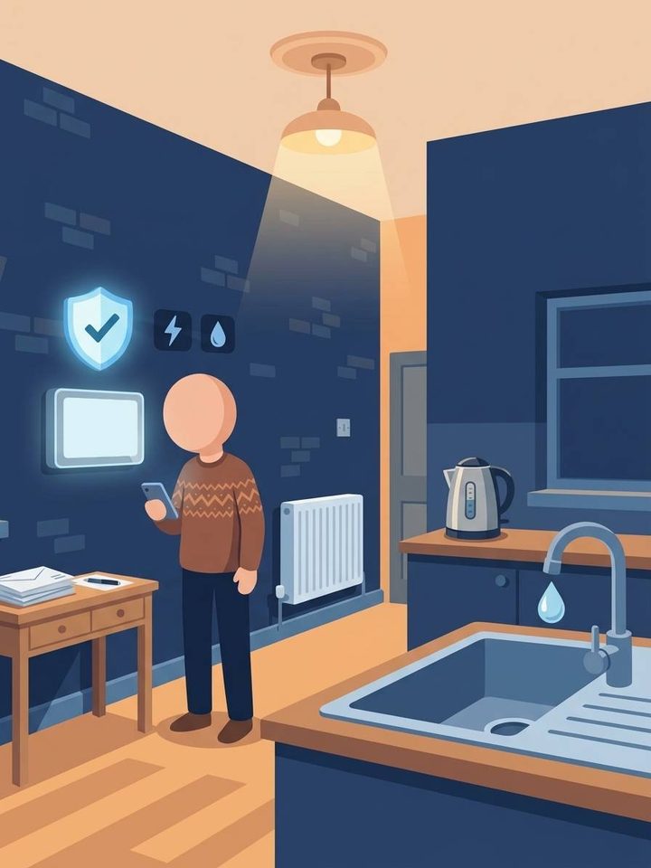A person checking a smart meter on a phone beside a radiator, with a kettle, a tap and a shield with a tick