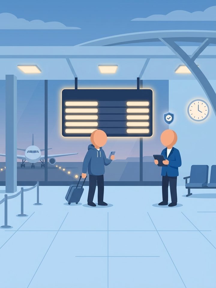 A faceless traveller with a suitcase talking to a faceless airport staff member in a departures hall, with a plane on the runway, a blank departures board and a protection shield icon
