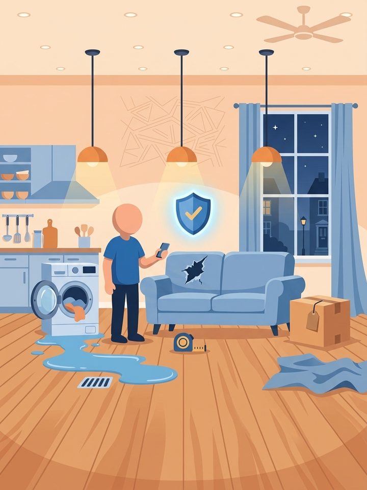 A person with a phone beside a sofa with a tear, a washing machine with a puddle and a delivery box, under a shield with a tick