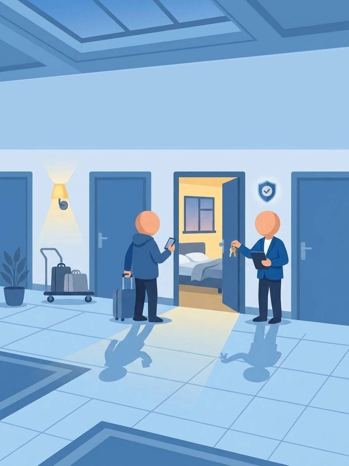 A faceless guest with a suitcase and phone in a hotel corridor while a faceless host holds out room keys beside an open room door, with a protection shield icon