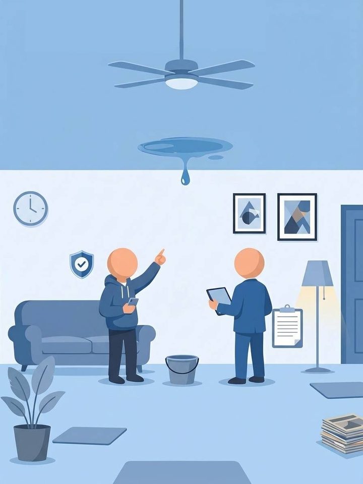 A faceless homeowner pointing at a water stain on the ceiling while a faceless claims assessor holds a tablet, with a bucket catching a drip, a sofa and a protection shield icon
