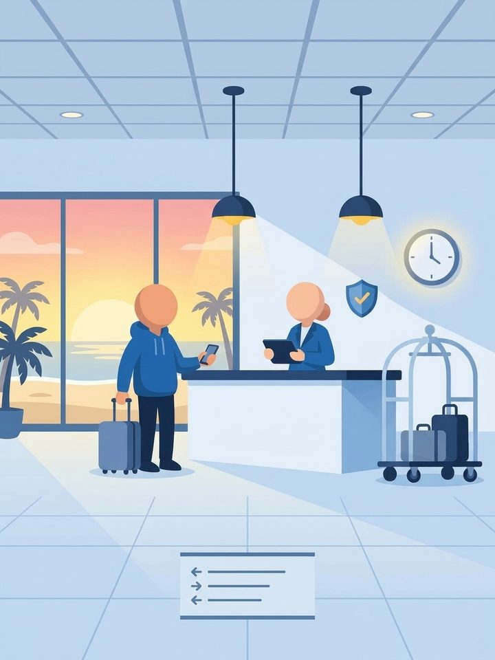 A faceless holidaymaker with a suitcase at a hotel reception desk talking to a faceless receptionist, with a sunset beach view and a protection shield icon
