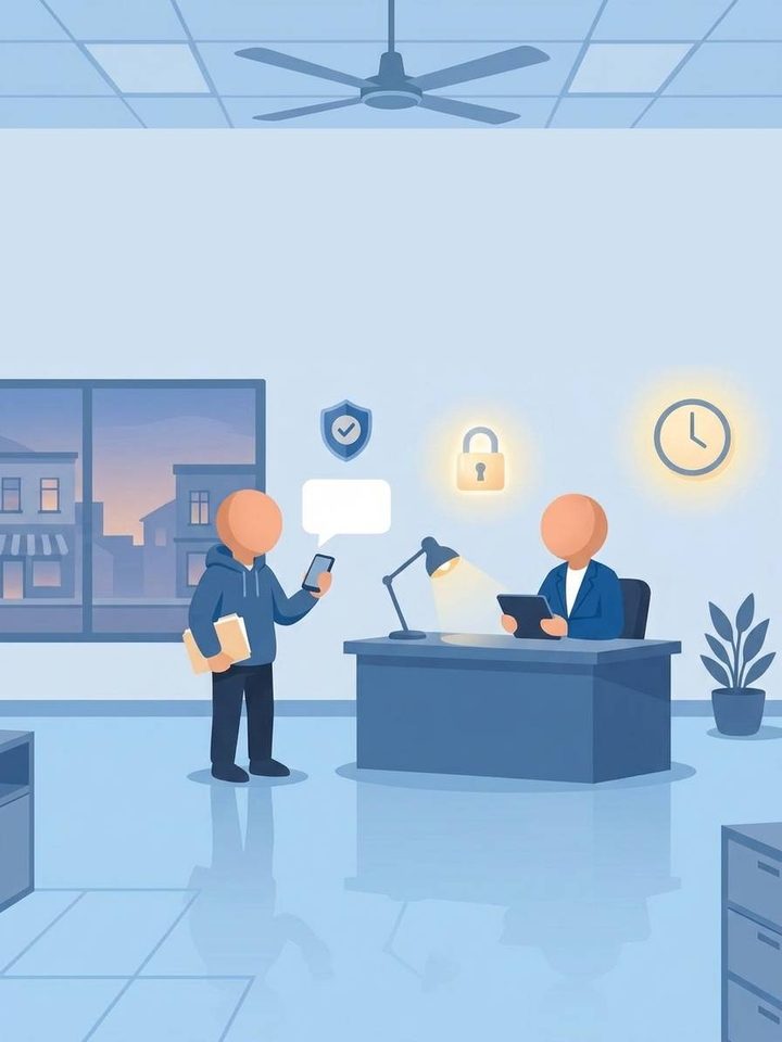A faceless person at a public service counter handing a letter to a faceless staff member, with a queue barrier, a waiting area and a protection shield icon