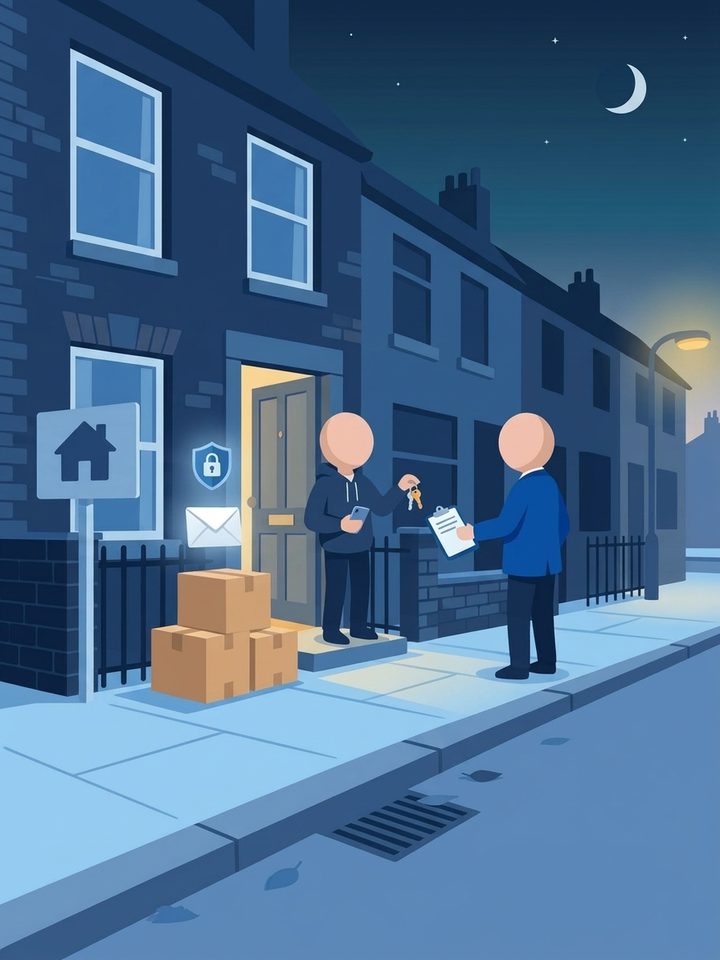 A faceless tenant holding keys at a front door while a faceless landlord hands over a clipboard, with moving boxes and a protected deposit shield icon
