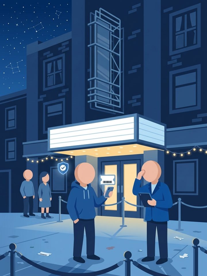 A faceless customer holding a phone with a ticket outside a theatre entrance, talking to a faceless steward, with a small queue behind a rope barrier and a protection shield icon
